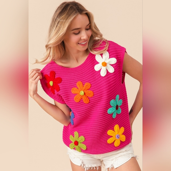 BiBi Flower Round Neck Cap Sleeve Knit Top - Picture 4 of 7